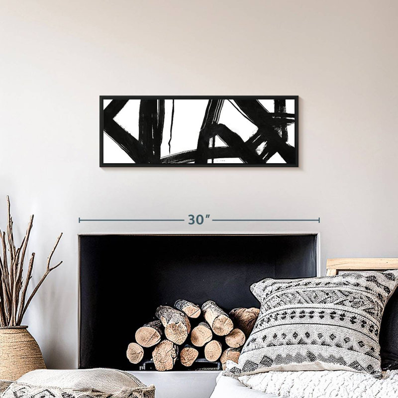 Encre noire stries VII, 25 po x 9 po, Cadre flottant noir
