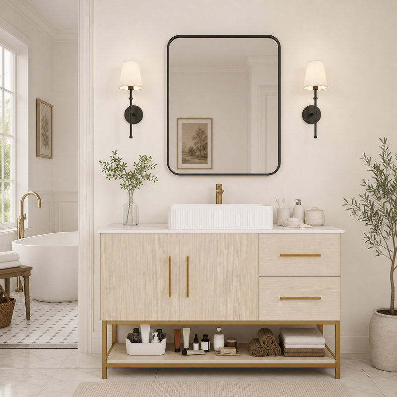 Ensemble de meuble-lavabo sur pied 47,2 "avec lavabo vasque en céramique, meuble-lavabo simple moderne avec structure en acier inoxydable doré et tiroirs de rangement,