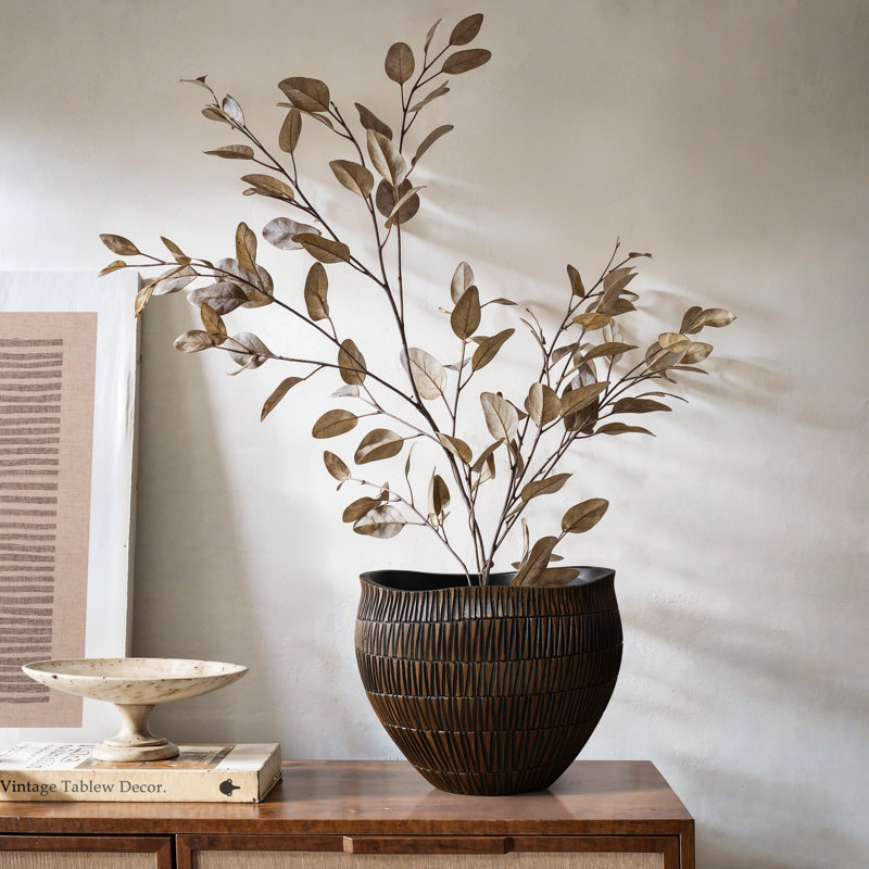 Brown V-Pattern Polyresin Round Planter, 9.6" H x 12" W x 12" D