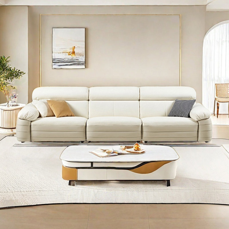 Cream fabric in-line sofa, 31.49" H x 110.62" W x 44.88" D, Ivory