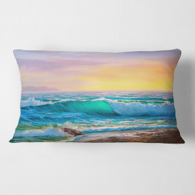 Rectangle, vagues bleues se brisant à la plage IV - Coussin décoratif imprimé nautique et côtier