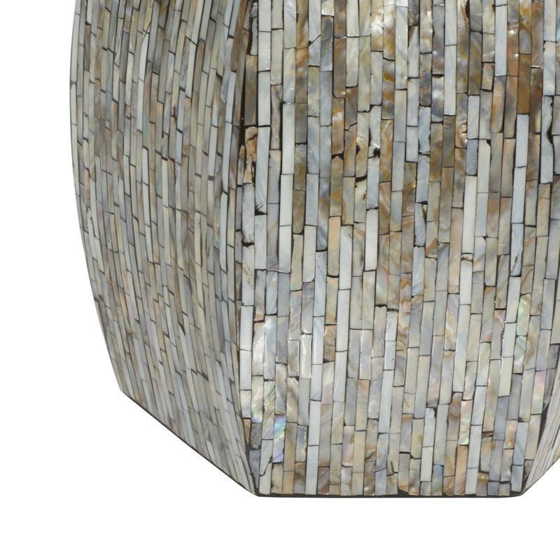 Alissa Mother of Pearl Shell Handmade Shell Mosaic Hexagon Side End Gray Accent Table with Brown Accents
