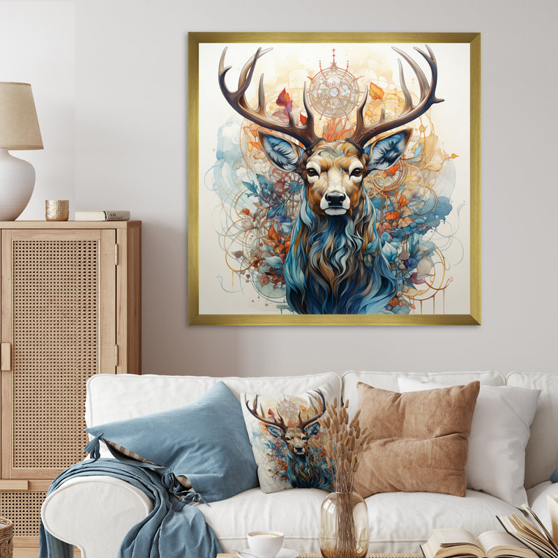 Deer Abstracted Antlers - Print, 36" H x 36" W, Gold Picture Framed