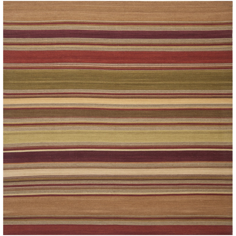Tapis rayé en laine / coton Basler Kilim brun / vert / beige tissé à la main, Carré 7 pi