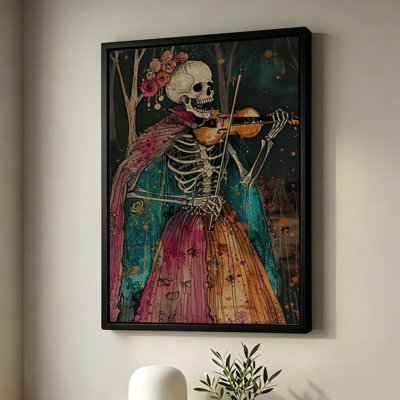 Squelette d'Halloween en robe colorée jouant du violon, tableau sur toile encadré, cadre marron, 50 x 75 cm