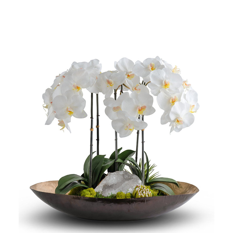 Orchids in Two-Tone Metal Planter with Moroccan Geode, White