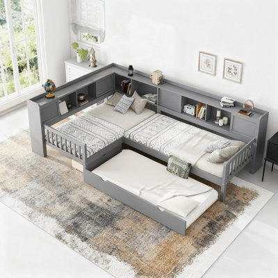 Twin L-Shaped Platform Bed with Trundle,Drawers,and Shelves,Solid Wood Corner Bed Frame