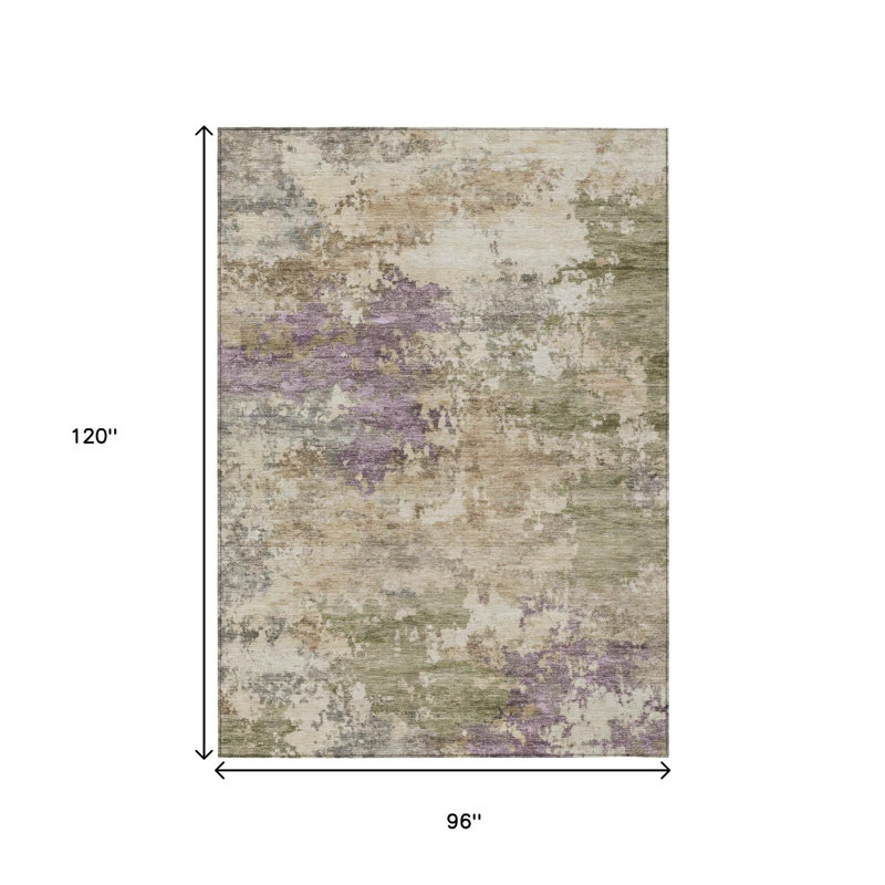 Tapis extérieur lavable abstrait vert et mauve 8 pi x 10 pi beige