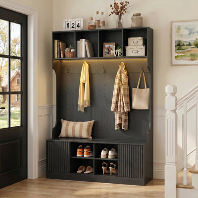 Hall Tree 47.2" Wide with Bench and Shoe Storage, Multi-Purpose Entryway Bench with Coat Rack, 5 Double Hooks and 8 Open Compartments