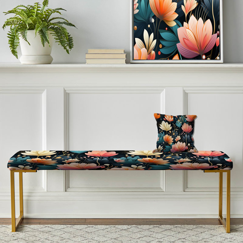 Upholstered Gold Bench, Coral And Green Floral Elegance Fantasy