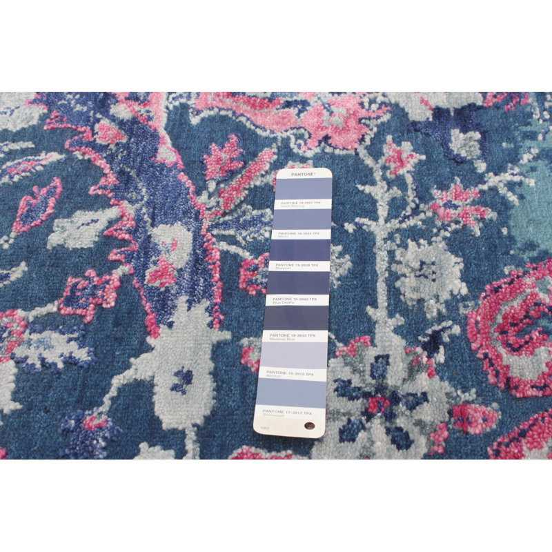 Tapis décoratif bleu marine en laine de conception unique 8 pi x 10 pi 2 po noué à la main New Age
