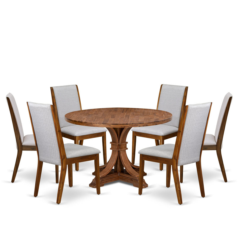L'ensemble de salle à manger 7 pièces se compose d'une table de cuisine à piédestal et de 6 chaises de salle à manger en tissu de lin gris avec dossier haut - noyer antique