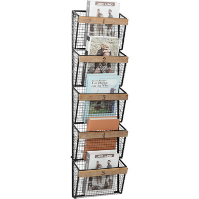 Wall Mounted File Manazine Mail Rack Holder, Metal Basket Shelf Wall Organizer For Newspapers, Magazines, Fit For Office, Home(5 Tier, Black)