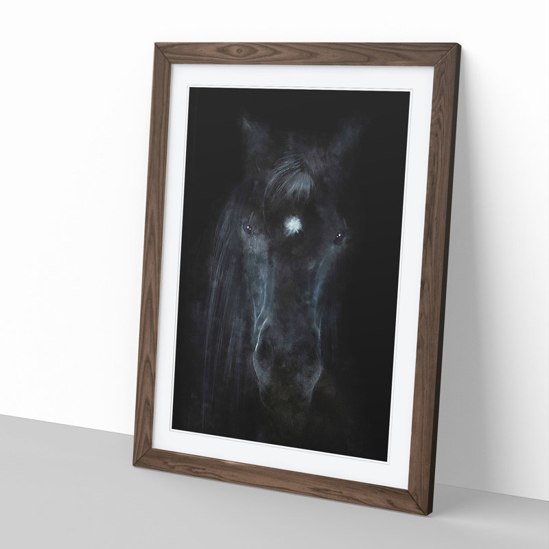 Black Horse in the Shadows - Picture Frame Painting, Walnut Framed, 48cm H x 36cm W x 2cm D