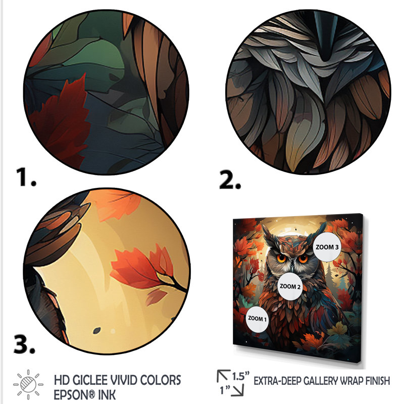 Mysterious Owl Forest III - Art mural hibou, Cadre flottant doré, H 36 po x l 36 po x P 1,5 po