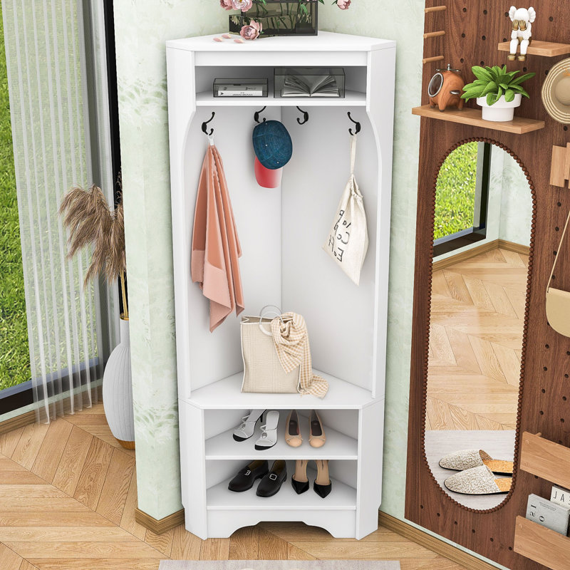 Minimalist Corner Hall Tree with Adjustable Shoe Shelf, Hanging Hooks, White