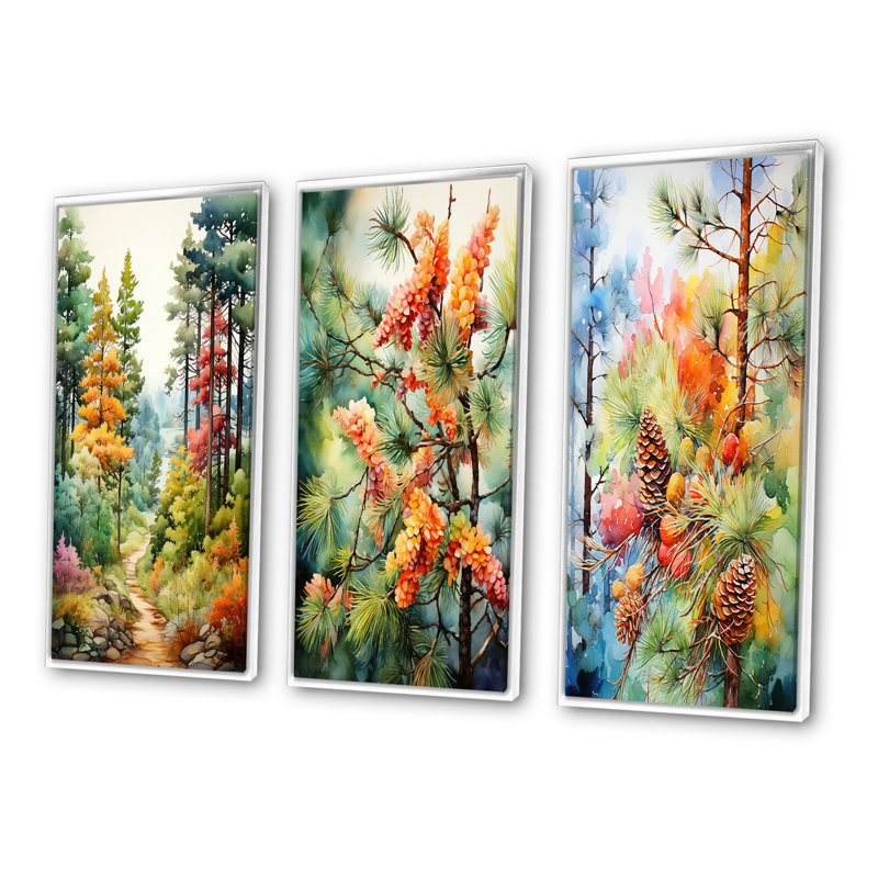 «Pine Tree Autumn Symphony», 3 pièces sur toile, H 32 po x l 48 po, Cadre flottant blanc