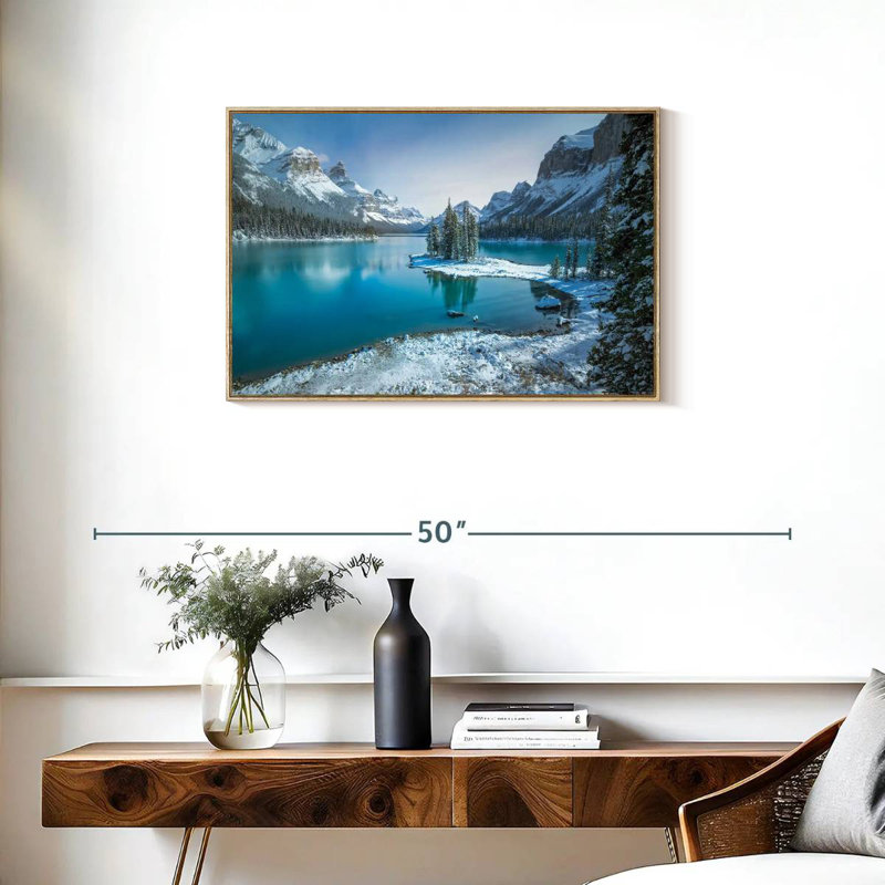 Spirit Island en hiver, Cadre flottant en bois naturel, 31 po x 21 po