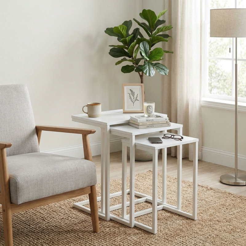 Tables gigognes en bois massif H 23,5 po x l 18 po Kendrik, blanc, Métal blanc