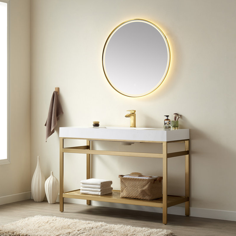 Ensemble de meuble-lavabo simple 48 po avec miroir Knute, Blanc, Blanc, Or brossé