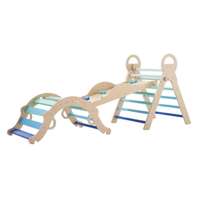 Ensemble Pikler Triangle, jouets d'escalade pour tout-petits 9 en 1 pour l'intérieur, avec 2 voitures en bois, coussin, triangle, arche et rampe, charge de 150 lb, ensemble d'escalade pliable pour tout-petits et enfants, bleu