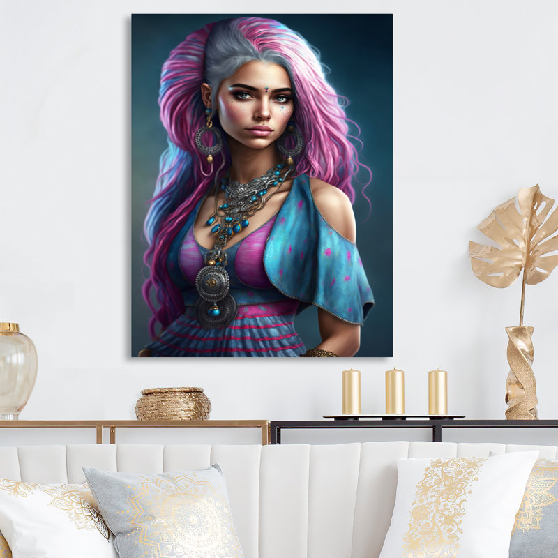 Fashion Indian Woman In Pink And Blue V On Metal Print