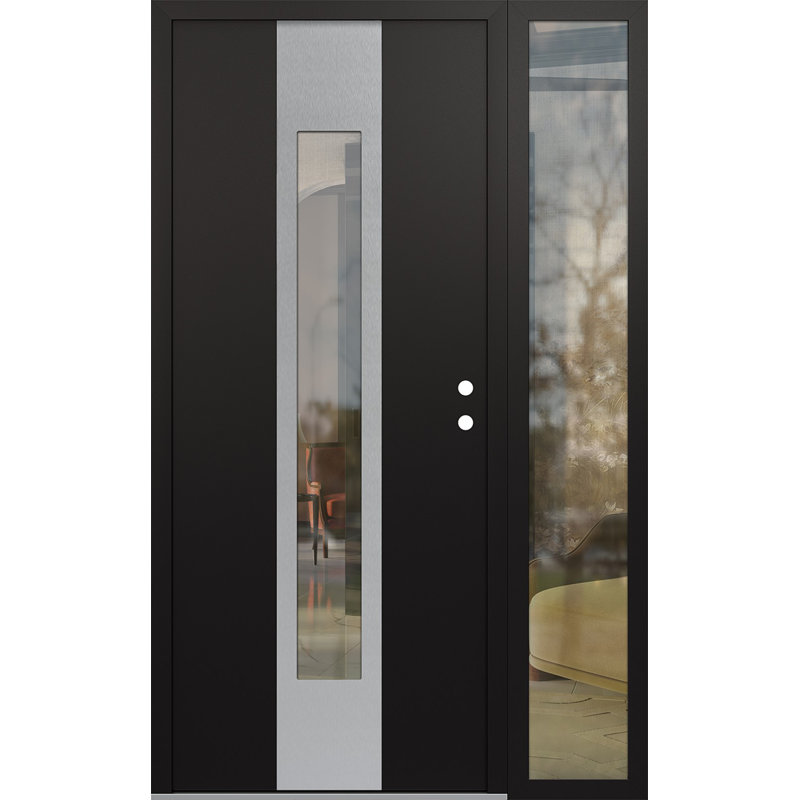 Porte d'entrée avant à panneau en acier argenté avec panneau latéral gauche Diamond, L 52 po x H 80 po, Noir, Clair