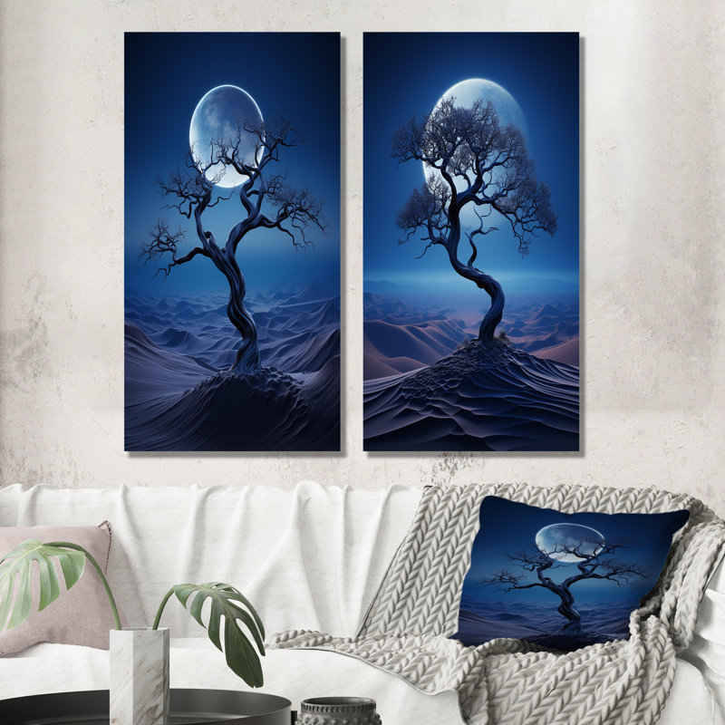 Arbre de lune bleu dans le désert I - ensemble de salon art mural lune du désert, H 28 po x l 25 po, Toile tendue
