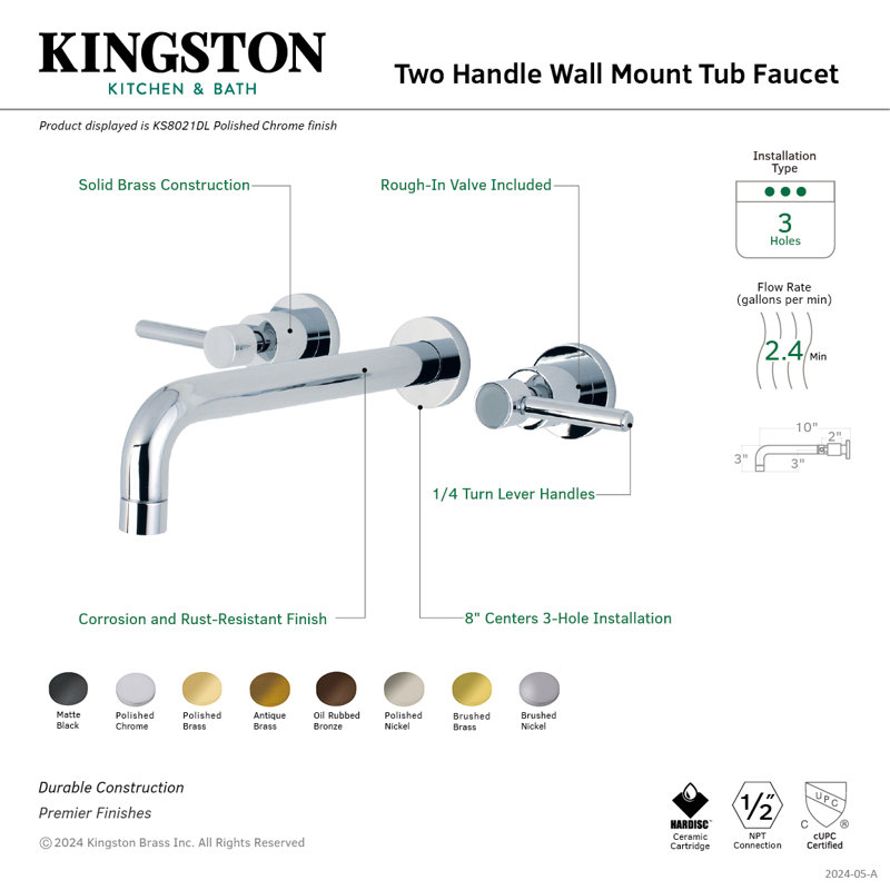 Kingston Brass Concord Two-Handle 3-Hole Wall Mount Roman Tub Faucet, Polished Nickel