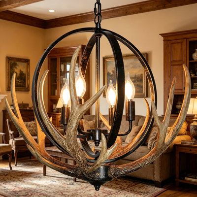 Grand lustre en bois de cerf à 4 lumières avec globe en métal rétro et bois en résine, lustre de ferme réglable pour la salle à manger, le salon, la cuisine, la chambre, l'îlot