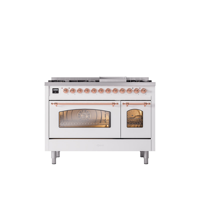 ILVE Nostalgie II Series 48 inch Dual Fuel Range with 8 Sealed Burners, Griddle (Glass Door), RAL Color/Copper, Natural Gas