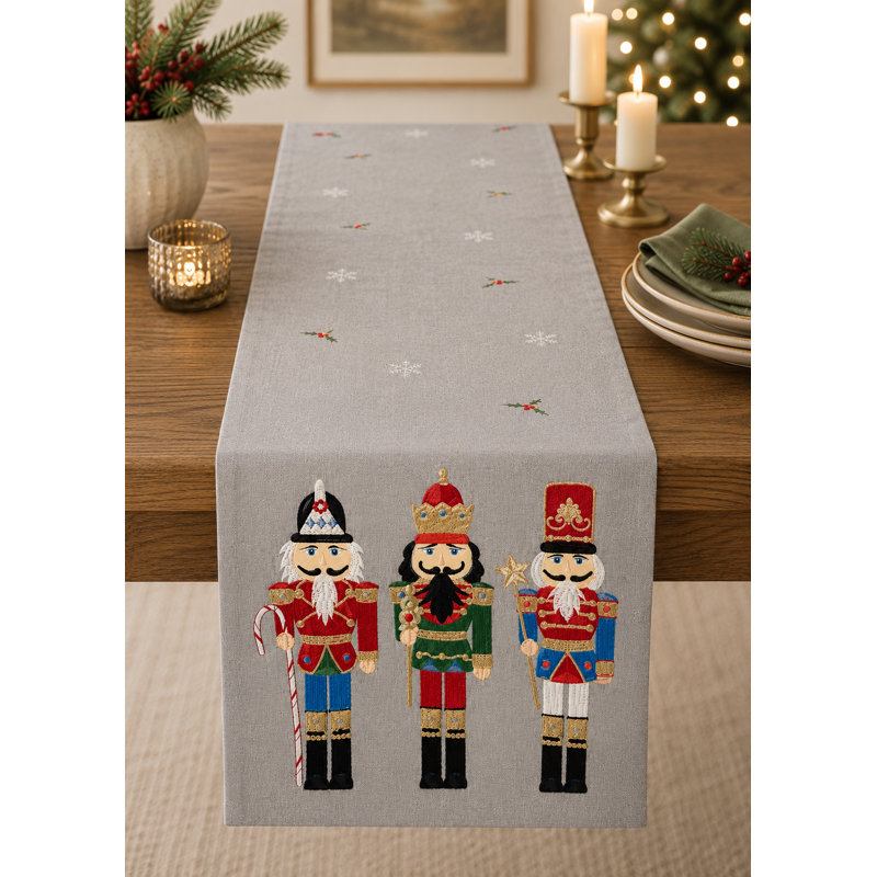 Embroidered Nutcracker Christmas Table Runner 14" X 70" - Grey Fesitve Table Cover With Snowflake & Holly Embroidery