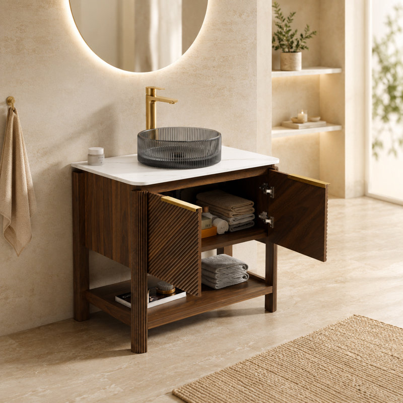 Meuble-lavabo autoportant moderne avec lavabo en marbre, plateau en pierre frittée et portes d'armoire cannelées