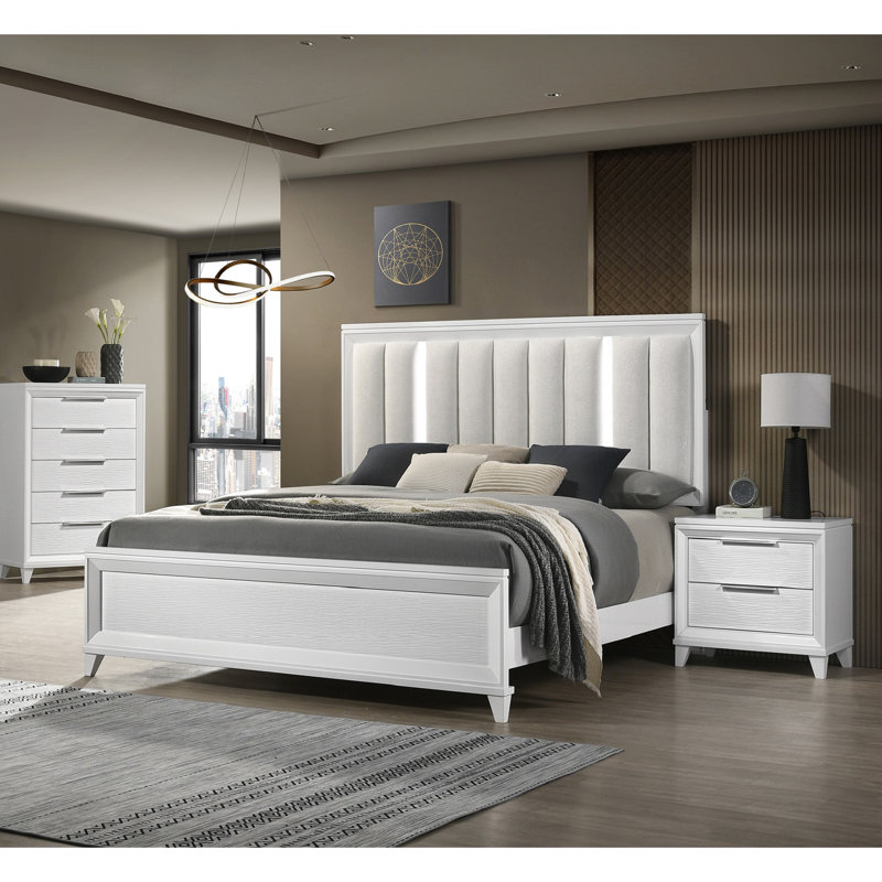 Tête de lit à DEL avec grand lit en bois massif et revêtement en lin blanc avec panneau de mobilier de chambre à coucher moderne avec finition
