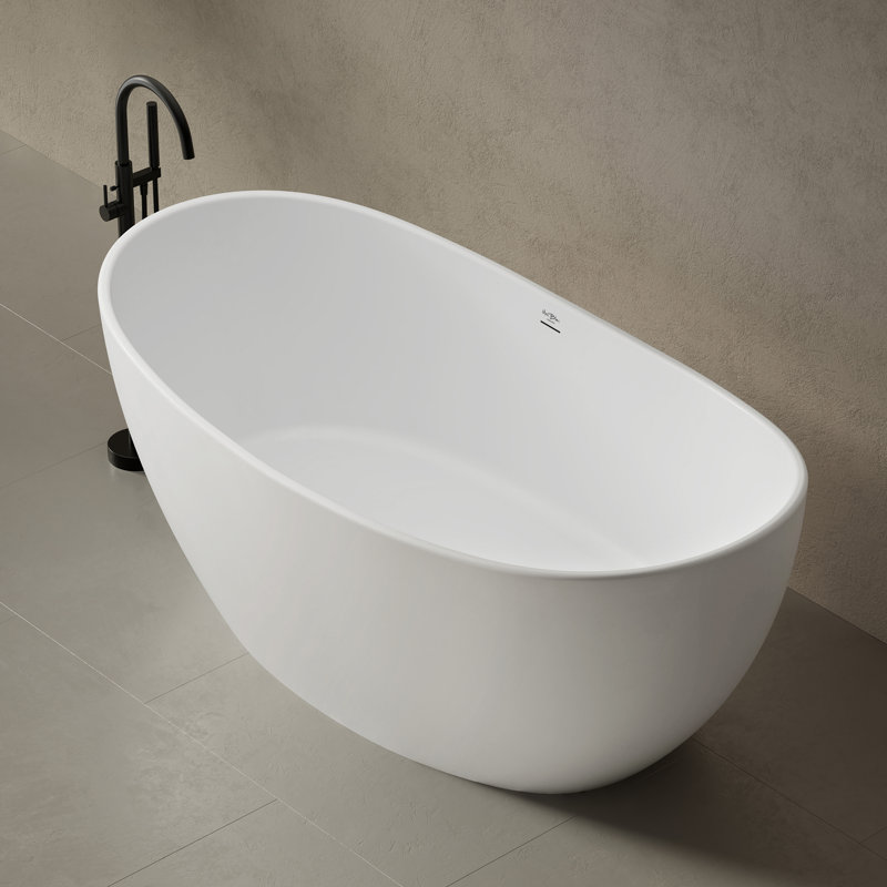 MonBlari 64" X 33" Free standing Soaking Solid Surface Bathtub with Overflow and Pop-up Drain For Bathroom, Matte White