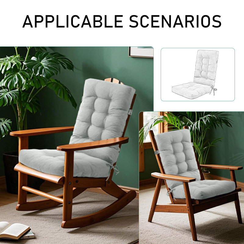 18x41x3 in tufted rocking chair cushion for indoor/patio use. Wear-resistant fabric, silk + foam pellet filling, elastic drawstring, and ties. Ideal for baby’s room, living room, study, garden, or patio