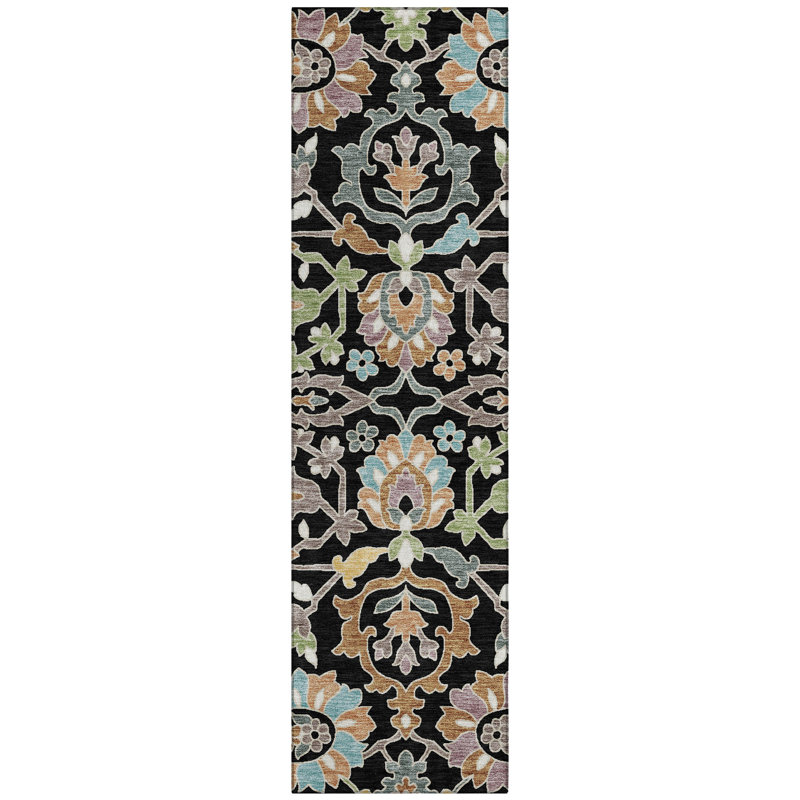 Machine Washable Indoor/Outdoor Chantille ACN2587 Floral Rug, 2'3" x 7'6" Runner, Black