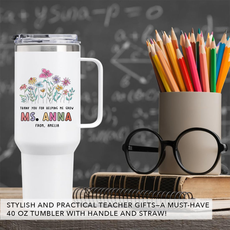 Verre personnalisé 40 oz avec poignée, motif de remerciement floral, texte du nom, cadeau de l'enseignant, Oui