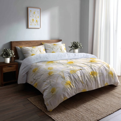 Floral Bedding Set 3 Pcs - French Country Soft Daffodils Duvet Cover And Throw Pillow Set