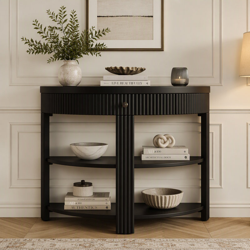 Console cannelée demi-lune avec tiroir et 2 tablettes, Noir