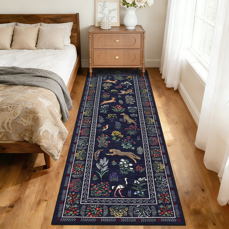 Washable Floral Rug Farmhouse Living Room Rug Non Slip, Botanical Animal Carpet, Soft Non Shedding Low Pile Floor Covering, Thin Foldable Mat for Bedroom Dining Room Nursery