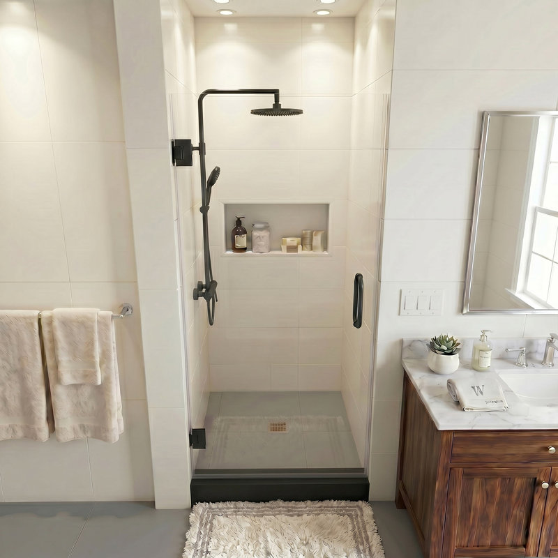 Porte de douche pivotante demi-cadre l 26 po x H 64 po, Matte Black