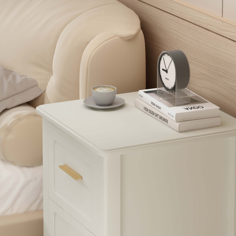 Modern  Nightstand with 2 Drawers, Bedroom Bedside Table with Gold Handles, Sturdy Wood Accent Table for Small Spaces, Living Room, Kids Room & Guest Room-Off White((1Nightstand)