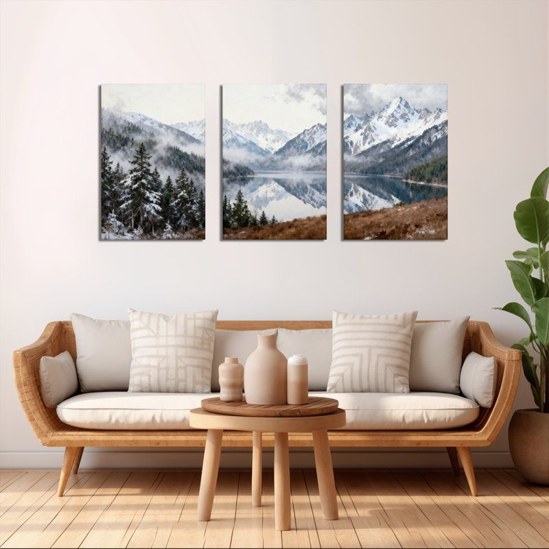 «Snowy Mountain Reflection», impression sur toile tendue sur toile (ensemble de 3), H 36 po x l 72 po