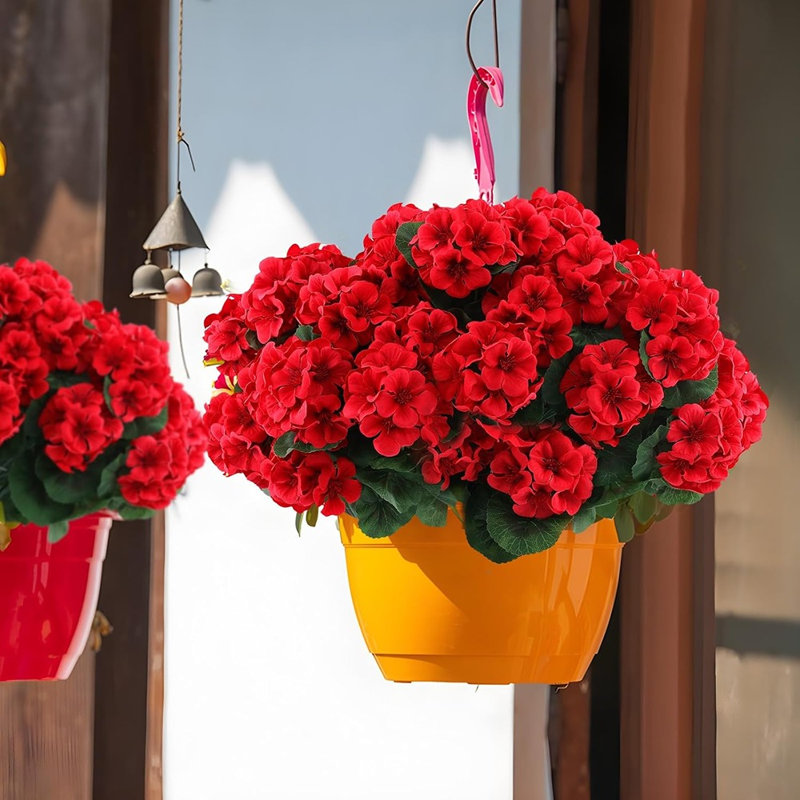 6 pièces de fleurs de géranium artificielles - Faux plantes rouges en soie résistantes aux rayons UV pour les centres de jardin, de maison, de cuisine et de table