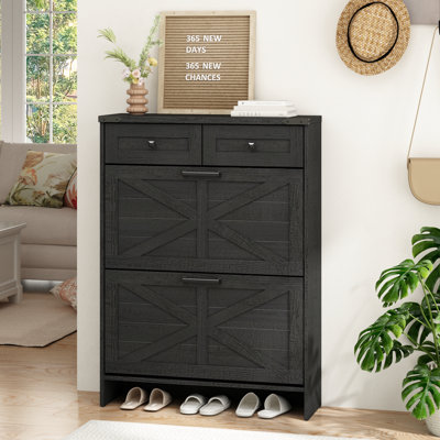 Farmhouse 16 Pair Shoe Cabinet with 2 Storage Drawers
