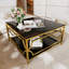 Table basse carrée en verre de 33,5 po, cadre géométrique luxueux, finition dorée et tablette inférieure