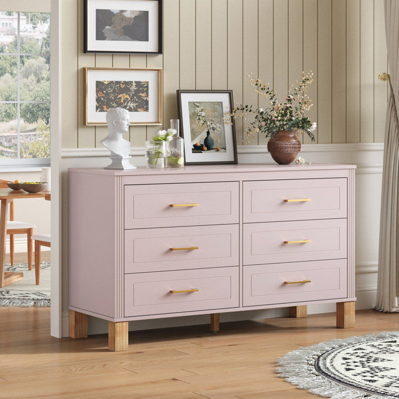 Commode double 6 tiroirs en blanc, rangement moderne Alesia avec poignées en métal et pieds en bois massif, organisateur en bois robuste pour enfants et adultes