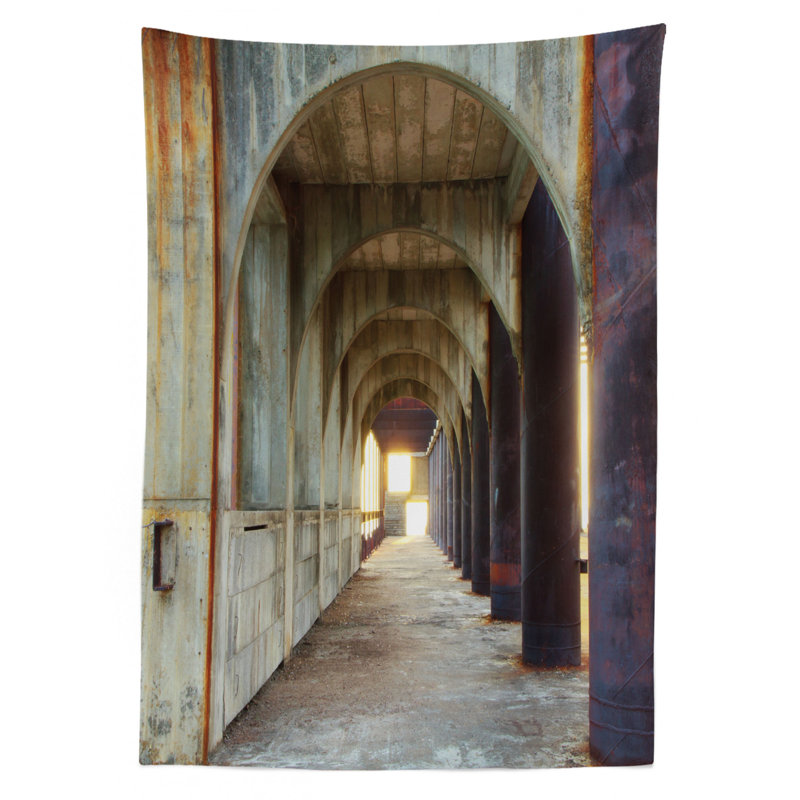 Urban Tablecloth, Corridor Of Concrete Pillars Structure Urban Industrial Rustic Style Design, Rectangular Table Cover For Dining Room Kitchen Decor, 52" X 70", Brown And Purple