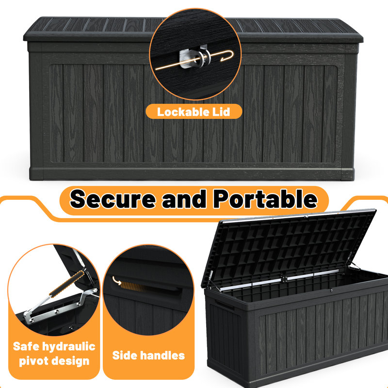 Black Outdoor 260 Gallon Deck Box With Double - Wall Technology, All Weather , Suitable For Patio Cushions And Can Serve As A Table Structure, Guard Resin, Ideal Gardening Tools An Extra Surface